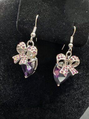Purple Crystal Bow Drop Earrings With Pink Rhinestones 800 Sterling Silver Hooks